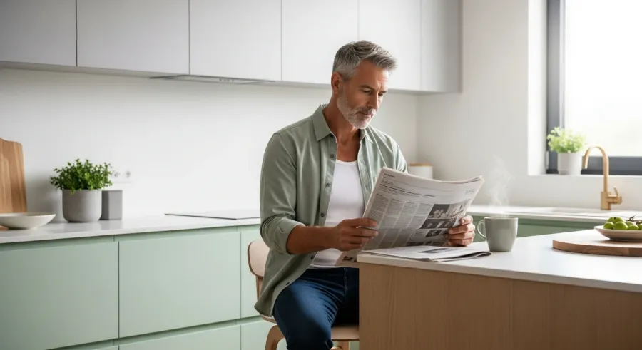 A grey-haired man in a green shirt reads the newspaper at a bright kitchen counter, a cup of coffee beside him