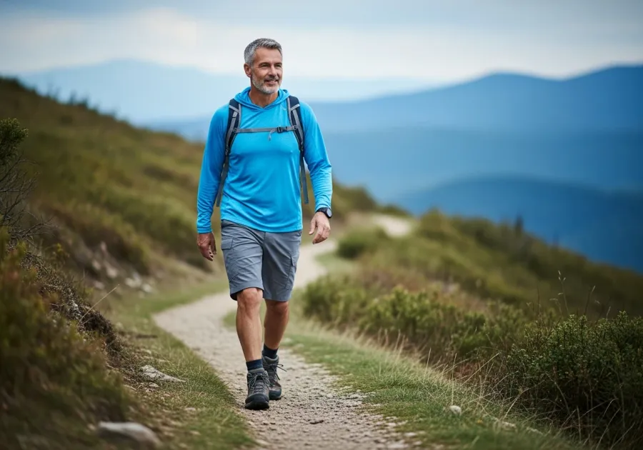 A grey-haired man in a blue hoodie and grey shorts, smiling as he walks a mountain trail with a backpack